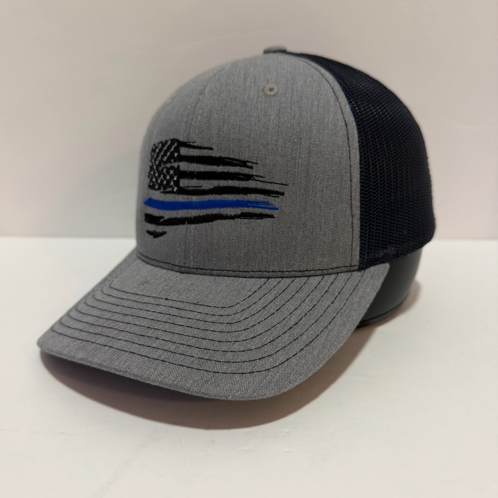 Richardson 112 Trucker Hat Thin Blue Line Tattered American Flag Gray Navy Cap